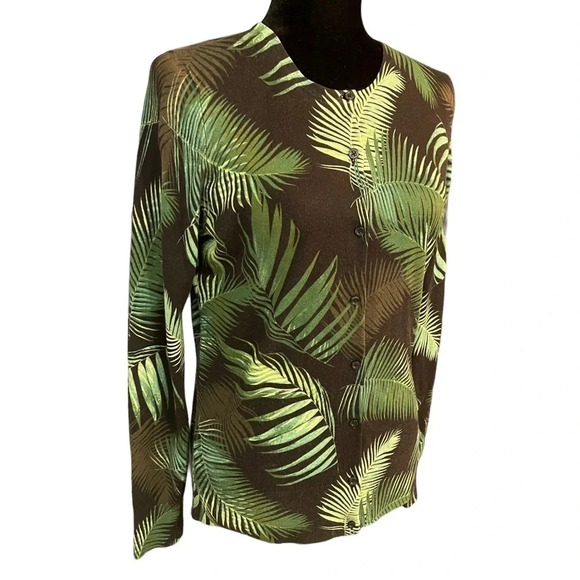 Saks Fifth Avenue Silk Cashmere Blend Tropical Leaf Cardigan Sweater Medium - Picture 3 of 7